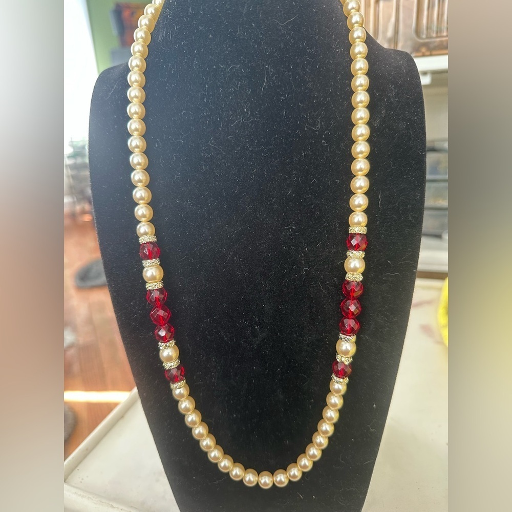 Faux Pearl and Red Bead Necklace 28 inches with tiny crystal accents